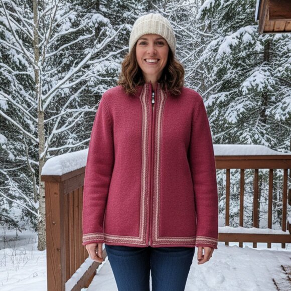 L.L. Bean Women's XL  Berry Pink 100% Lambswool Full Zip Cardigan Sweater - Picture 1 of 11